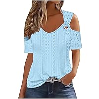 Sexy Cold Shoulder Tops for Women Dressy Cut Out Eyelet Crochet Shirts Trendy Short Sleeve Elegant Casual Blouses