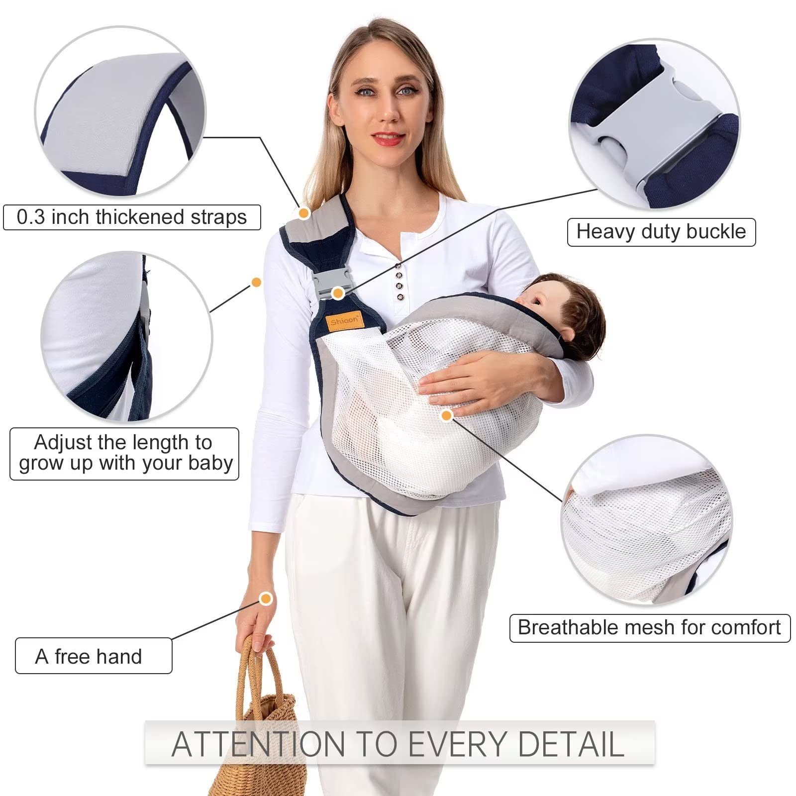 Shiaon Baby Sling Carrier One Shoulder Carrier for Toddler, Lightweight Baby Carrier Sling Newborn to Toddler, Mesh Baby Hip Carrier for Toddler Carrier Sling for Infant Carrying 7-45 lbs, Grey