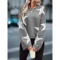 Sweaters for Women Star Pattern Drop Shoulder Sweater Sweaters for Women (Color : Gray, Size : Small)