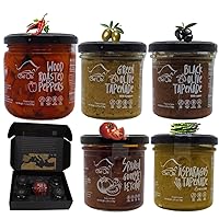 Chef Ole's Party Set of 5 Healthy Tapenades/Dips - Includes Hummus type, Olive Tapenade, Black Olives, Green Olives, Asparagus, Wood roasted peppers, and Spanish gourmet ketchup Snack Pack