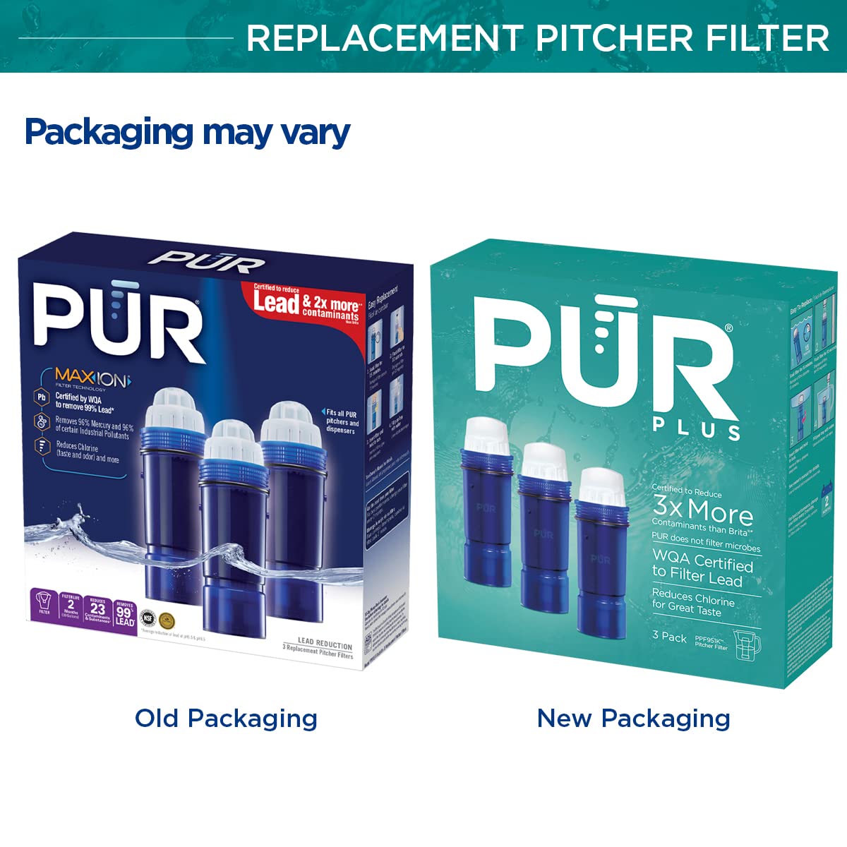 PUR PLUS Water Pitcher Replacement Filter with Lead Reduction (3 Pack), Blue – Compatible with all PUR Pitcher and Dispenser Filtration Systems