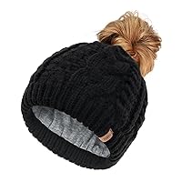 Ponytail Beanies for Women Messy Bun Winter Hat with Tail Hole Cotton Lined Knit Skull Beanie Outdoor Runner Cap
