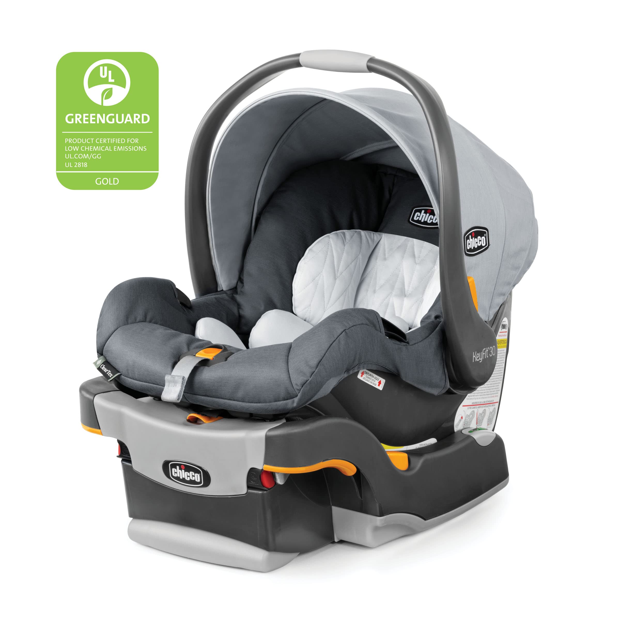 Chicco KeyFit 30 ClearTex Infant Car Seat and Base, Rear-Facing Seat for Infants 4-30 lbs., Includes Infant Head and Body Support, Compatible with Chicco Strollers, Baby Travel Gear | Slate/Grey