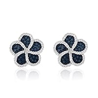 1.04 Cttw Round Cut Color Enhanced Blue & White Natural Diamond Floral Cluster Stud Earrings in Sterling Silver