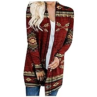 Oversized Fall Long Sleeve Robe for Women Classic Run Cool Aztec Collarless Pocket Loose Fitting Cotton
