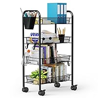 Greensen 4 Tier All-Metal Rolling Cart, Laundry Office Bathroom Storage Organizer Cart with Wheels, Easy-Carry and Assembly Mesh Trolley Cart with Practical Bucket and Hooks, Slide-Out Narrow Shelf