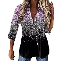 Women's Sequin Button Down Shirt Flowy Tunic Blouse Sparkly Button Up Shirt Lapel Collared Long Sleeve Party Blouse