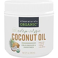 Viva Naturals Organic Coconut Oil - Unrefined and Cold-Pressed, Natural Hair Oil, Skin Oil and Cooking Oil with Fresh Flavor, Non-GMO Extra Virgin Coconut Oil (Aceite de Coco), USDA Organic, 32 oz