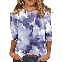 Floral Womens Tops Tees Tunic Petite T Shirts 3/4 Length Sleeve Crew Neck Plus Size Cotton Blouses Dressy Casual