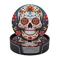 6pcs Drink Coasters with Holder, Leather Coasters for Drinks, Colorful Sugar Skull Cup Coasters for Coffee Table Decor, Non-Slip Drinking Cup Mat for Hot Or Cold Drink 4