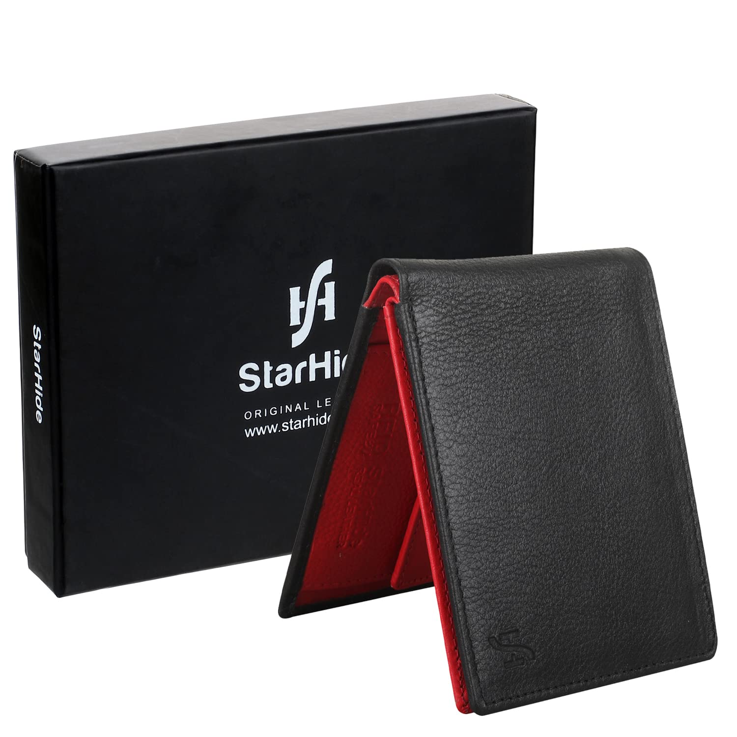 Starhide Men's RFID Blocking Genuine Nappa Leather Billfold Wallet Purse - Photo Id Holder - Coin Pocket Pouch 1216 (Black/Red)