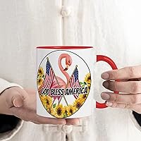 4th of July Bless America Sunflower Tea Cup, 11oz Coffee Mugs with Sayings, Patriotic Ceramic Humorous Tea Mug for Cocoas Cafe Milk, Graduation Festival Party Office Gift