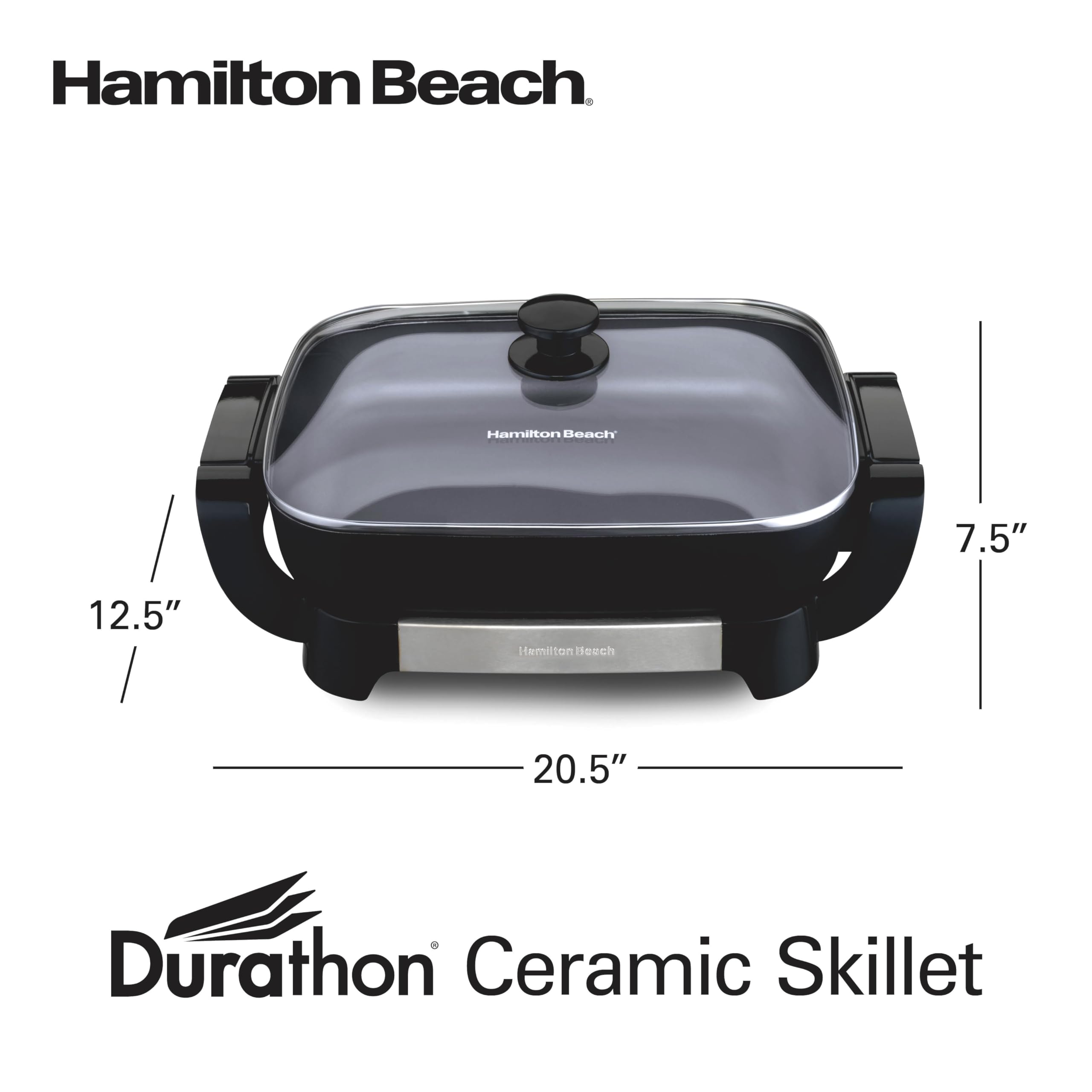 Hamilton Beach Durathon Ceramic Electric Skillet with Removable 12x15” Pan, Adjustable Temperature, Reversible Design, Tempered Glass Lid (38531)