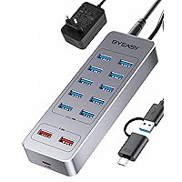 Powered USB Hub, BYEASY 13-Port USB 3.0 Data Hub with 10*USB 3.0 Ports, 1*Type C PD Fast Charging Port,2*USB A Charging Ports, Aluminum Splitter with 12V3A Power Adapter Laptop,Tablet,USB Flash Drives