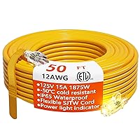 12/3 Gauge Heavy Duty Outdoor Extension Cord 50 ft Waterproof with Lighted end, Flexible Cold-Resistant 3 Prong Electric Cord Outside, 15Amp 1875W 12AWG SJTW, Yellow, ETL HUANCHAIN