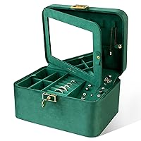 KAMIER Jewelry Box, 2 Layers PU Leather Jewelry Organizer Box, Large Capacity, Double Lock and Large Mirror, Hidden Necklace Hooks, Removable Dividers, Gift Box Packaging,Velvet Green
