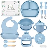 Silicone Baby Feeding Set, 15 pieces baby suction plates and bowls set with baby bibs, spoons, forks, sippy cup and teether, baby led weaning supplies set for 6 months + (Blue)