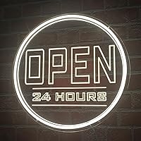 Open Neon Sign, Dimmable USB Powered 12” Round Neon Open 24 Hours LED Sign for Coffee Bar, Business Door, Retail Store, Shop Window(Open 24 Hours-Warm White)