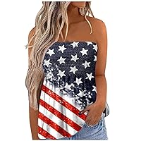 4th of July Women Smocked Bandeau Summer Star Stripes Strapless Off Shoulder Tops Casual Loose Fit Tube Tops