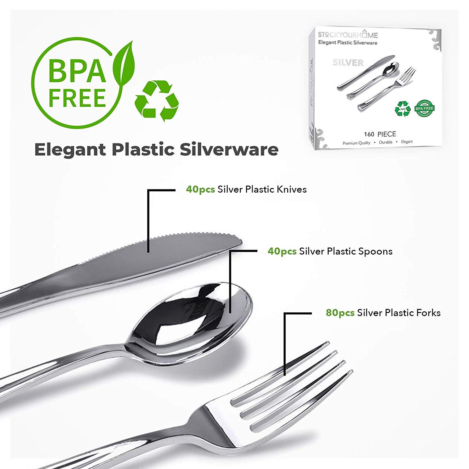 160 Pack Silver Plastic Cutlery Disposable Silverware - 80 Forks, 40 Knives, 40 Spoons - For Catering, Parties, Dinners, Weddings, and Everyday Use