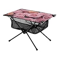 Pink Rose Folding Portable Camping Table for Men and Women Sturdy Beach Table with A Hanging Mesh Bag Easy to Assemble Camp Table for Travel Beach