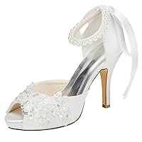 Emily Bridal Wedding Shoes Peep High Heel Ivory Ankle Strap Pearl Sequined Bridal Shoes with Ribbon Bow