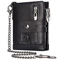 Mens Wallet with Chain Genuine Leather Purse RFID Blocking Bifold Double Zipper Coin Pocket with Anti-Theft Chain