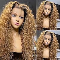 Ombre 1b/27 Curly 180% Density Human Hair Wig HD Transparent Lace Front Wig Honey Blonde Deep Wave 13x6 Invisible Lace Glueless Wigs with Baby Hair Brazilian Remy Hair Natural Hairline 24inch