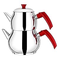 Hakan Stainless Steel Double Bondy Tea Pot Set with Self Strainer, Turkish Kettle Samovar Style Teapot Set, Tea Pot with Handle, Tea Kettle for Loose Leaf Tea with Bakelite Handle (MAXI)