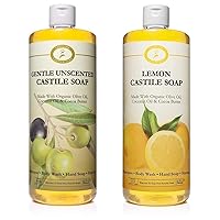 Carolina Castile Soap Unscented and Lemon Castile Soap Liquid Bundle - 32 oz Vegan & Pure Organic Concentrated Non Drying All Natural Formula Body Wash & Shampoo