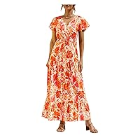 Maxi Skirt for Women Short Sleeve Casual V-Neck Floral Print Prom A-Line Holiday Dress Spring Summer Pullover