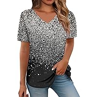 Sequin Tops for Women Vneck Tie Dye Shirt Women Short Sleeve Tunic Tops Sparkle Top Blouse for Party Club Concert