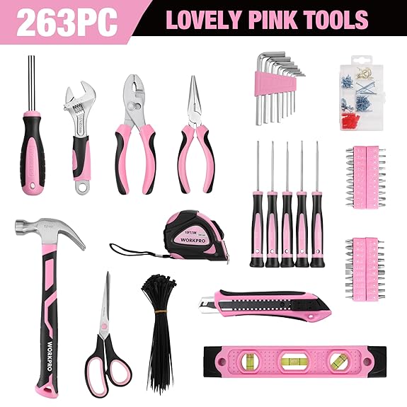 WORKPRO Pink Tool Kit, 106-Piece Home Repairing Tool Set with Wide Mouth  Open Storage Bag