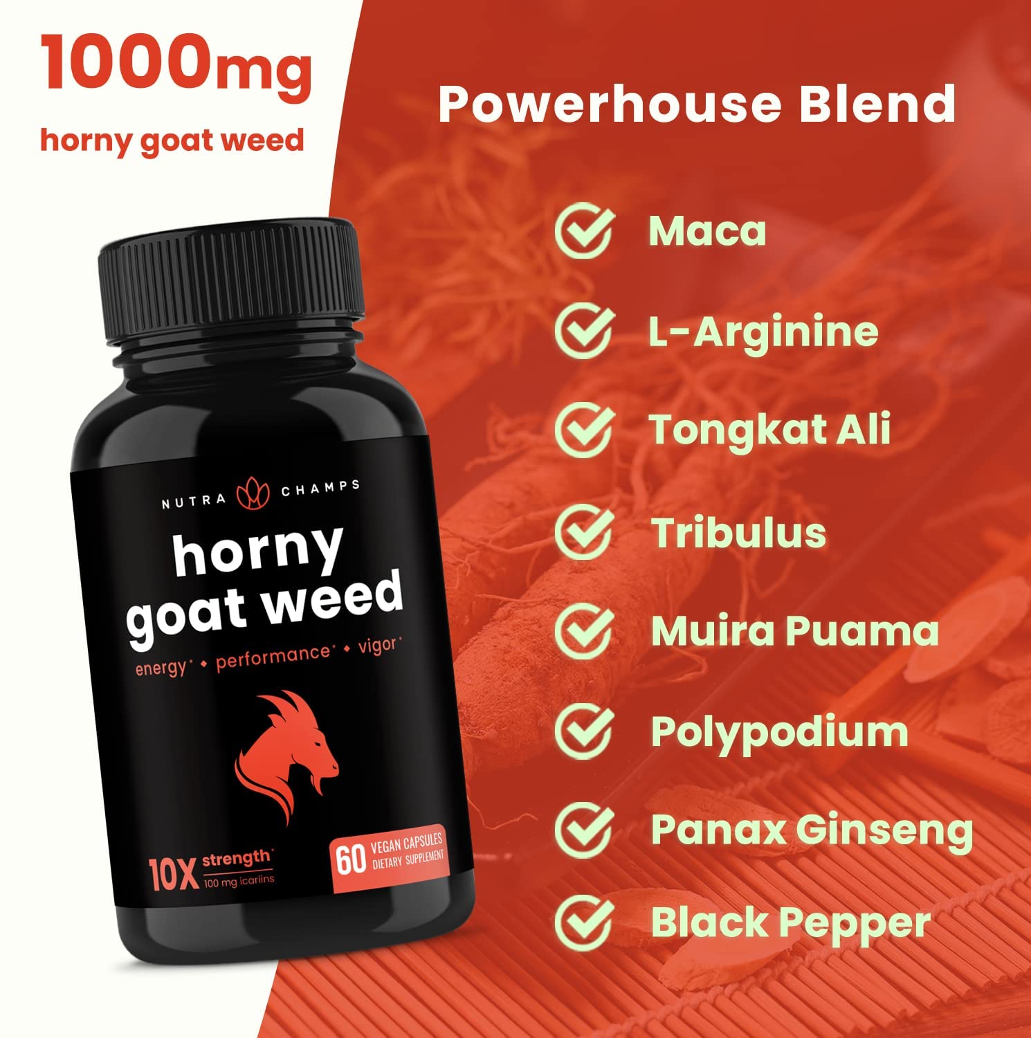 Horny Goat Weed for Men & Women | 1000mg Epimedium Energy Supplement | 10X Strength Icariin | Ginseng, Tribulus & Maca Pills for Women & Men | Enhanced Absorption with Black Pepper | 60 Vegan Capsules