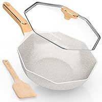 Ceramic Nonstick Octagonal Wok 12.5 inch Die-cast Induction Woks and Stir Fry Pans with Glass Lid PFOA Free (Cream White)