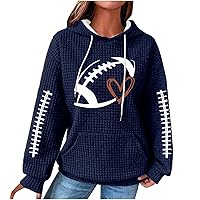 Women Casual Waffle Knit Hoodies Drawstring Football Print Pullover Tops Long Sleeve Cute Oversized Sweatshirts