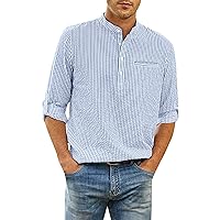 Casual Solid Striped Shirts for Men Long Sleeve Crewneck Button Down Tee Tops Slim Fit Comfortable Tee with