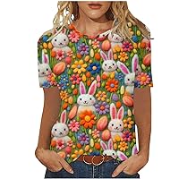 Easter Bunny T-Shirt for Women Novelty 3D Rabbit Floral Printed T Shirts Easter T Shirs Short Sleeve Cute Bunny Tee Tops