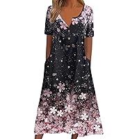 Women's 2024 Casual Summer Dresses Floral Boho Beach V-Neck Buttons Short Sleeve Pockets Loose Midi Dress for Women