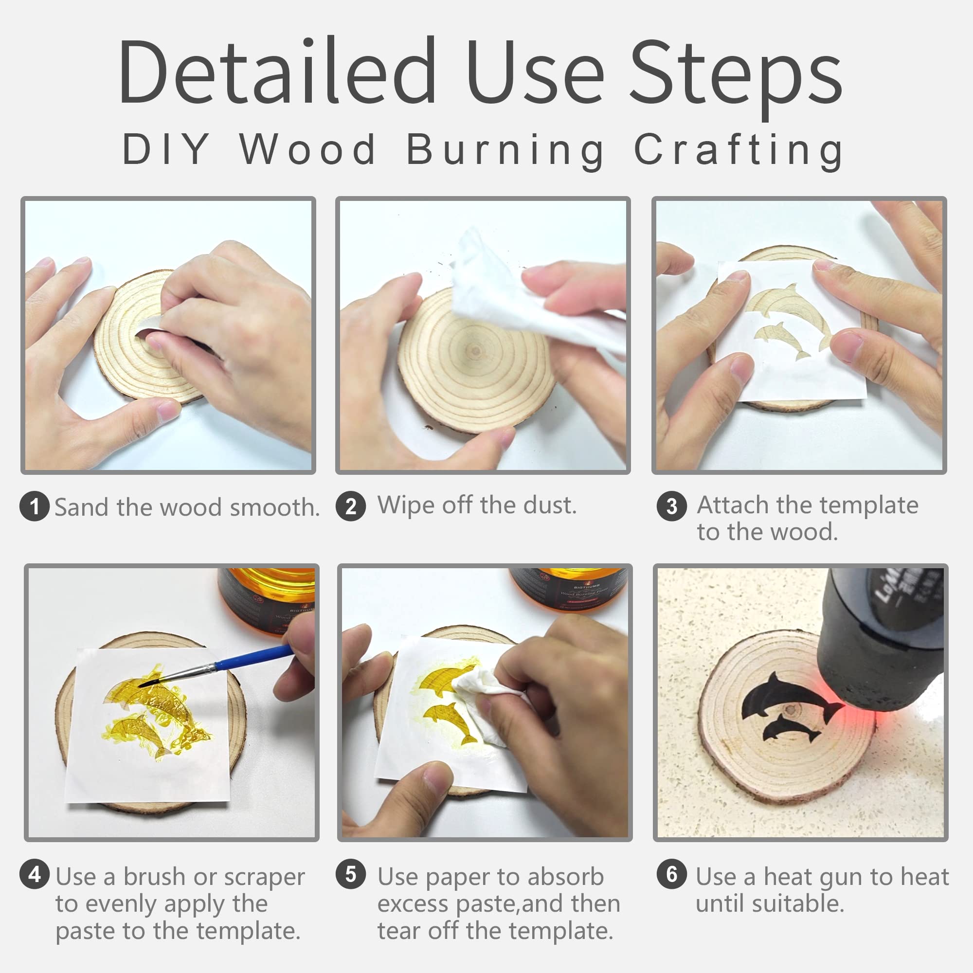 Bigthumb Wood Burning Gel Kit - 4 OZ Wood Burning Paste, Mini Scraper, Template Sticker, Mini Paint Brush for DIY Heat Senstive Crafting & Stencil - Creates Beautiful Art in Minutes