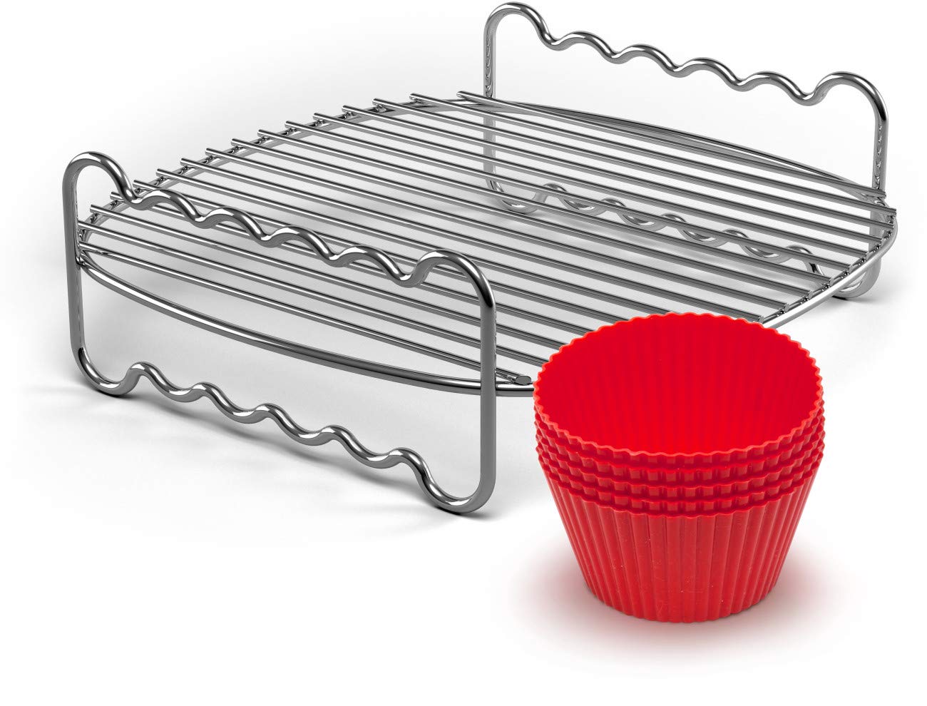 Philips Kitchen Appliances Party Master Accessory Kit with Double Layer Rack and Silicone Muffin Cups-for Philips Compact Airfryer models HD9904/01, Silver/Red