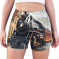 Vintage Traveling Steam Train Womens Running Shorts High Waisted Athletic Summer Shorts with Pockets for Women