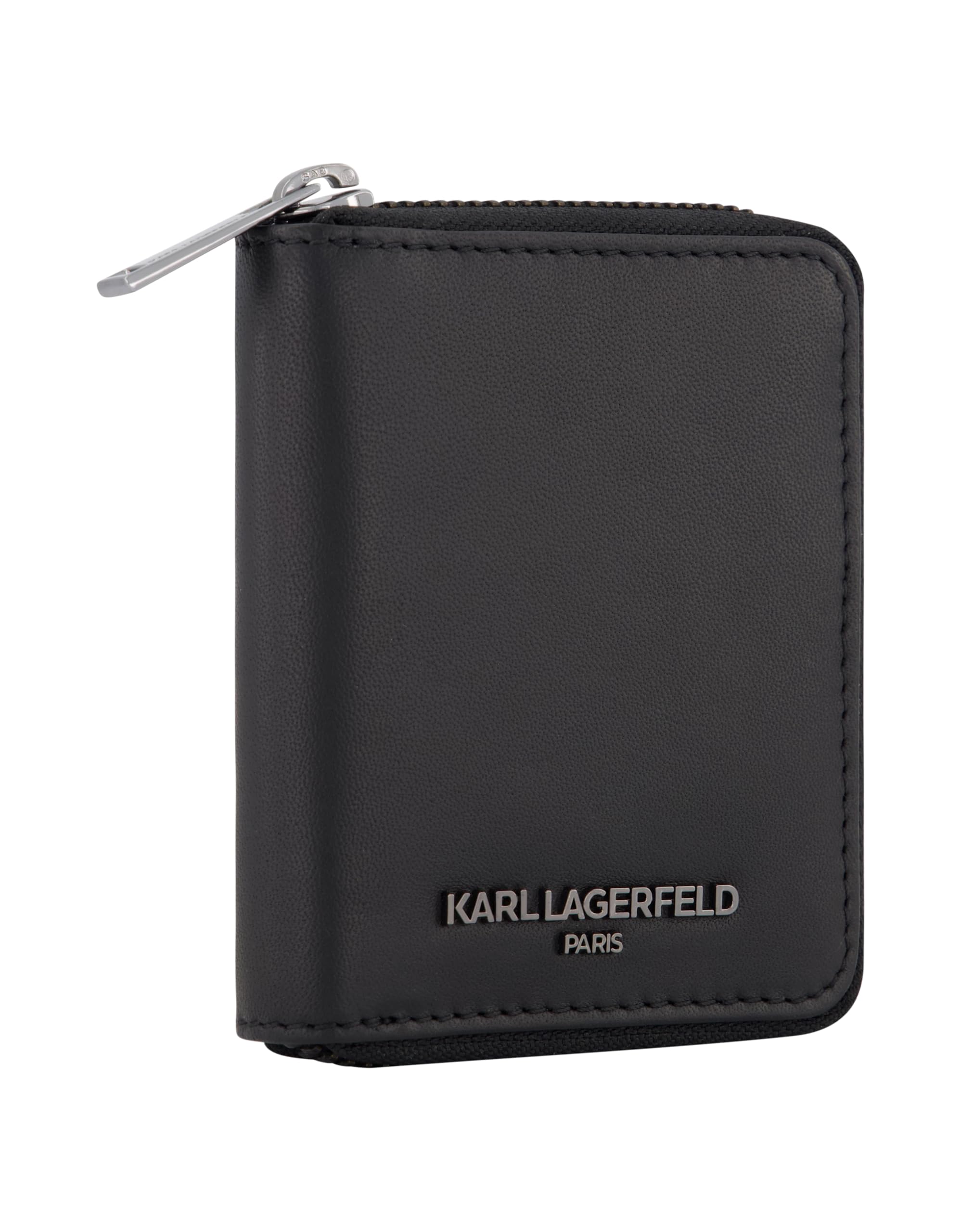 Karl Lagerfeld Paris Men's Nappa Grey Bubble Leather Iconic Logo on a Gunmetal Plate Zip Around Wallet, Black_logo3, One Size