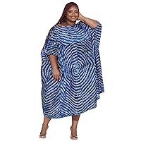 Women's Plus Size Printed High Waist Loose Swing Skirt Casual Party Cocktail Dresses Half Sleeve Dresses That Hide Belly Fat Blue
