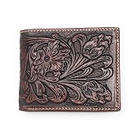 Western Men's Cowboy Leather Floral Tooled Laser Cut Basketweave Short Wallet in 2 Colors (Coffee)