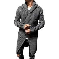 Mens Knitted Sweater Long Cardigan - Warm Hooded Single-Breasted Long Coat Jacket, Thicken Plus Size Long Sleeve Lo