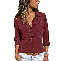 Andongnywell Solid Color Casual Lapel Long Sleeve Shirt Pocket Shirt Women's wear Summer Multicolor Tops