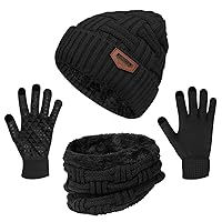 3-Pieces Winter Beanie Hat Scarf and Touch Screen Gloves Set Warm Knit Skull Cap Gifts for Men Women