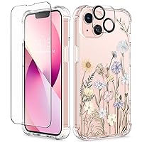 GVIEWIN Designed for iPhone 13 Case 6.1 Inch, with Tempered Glass Screen Protector + Camera Lens Protector Clear Flower Soft & Flexible Slim Shockproof Floral Women Phone Cover (Vibrant Spring)