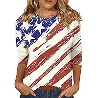 4th of July Shirts Women, 3/4 Sleeve Summer Tops American Flag Patriotic T Shirt Stars Stripe Independence Day Tee Tops